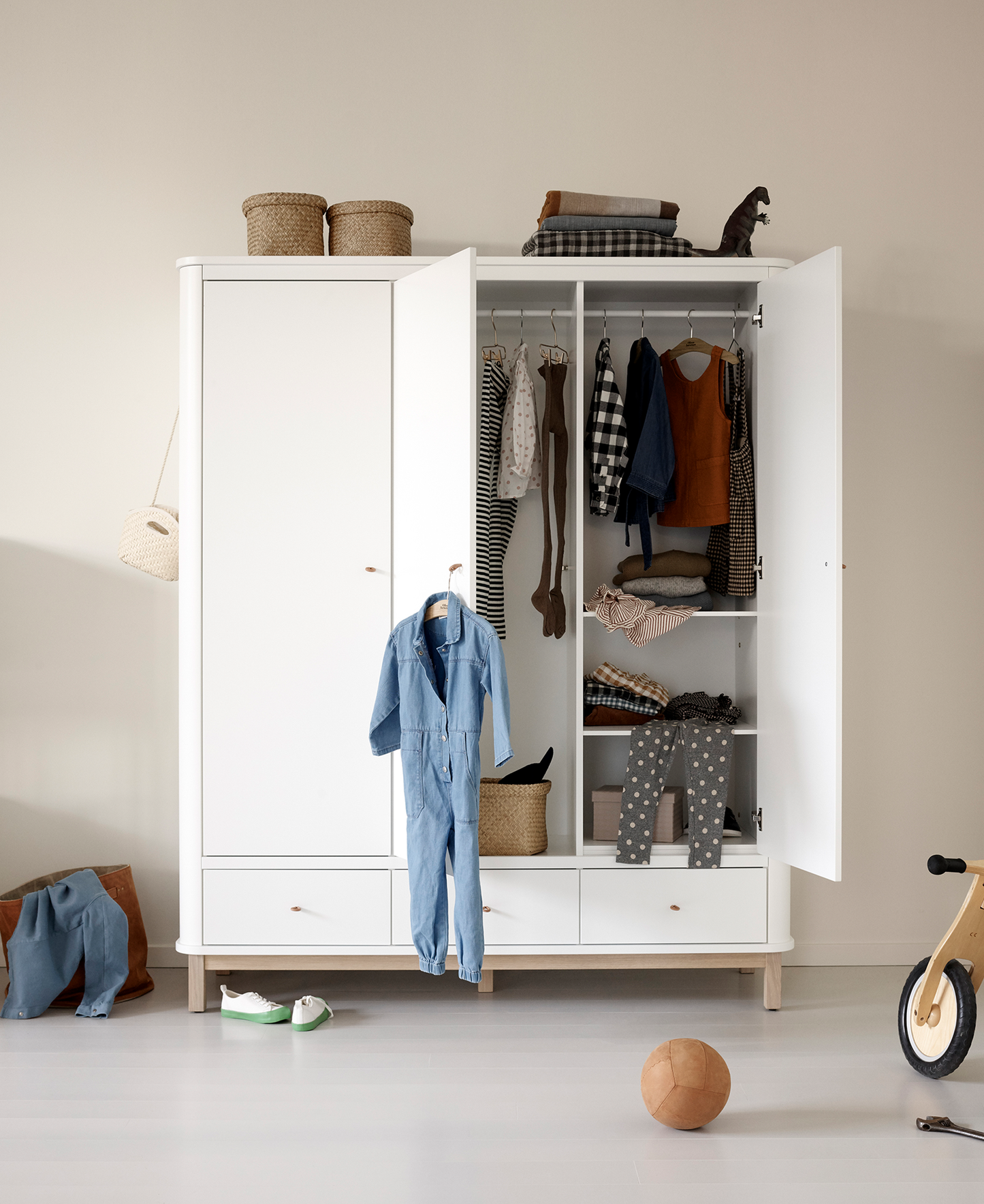 Armoire en bois 3 portes, blanc/chêne