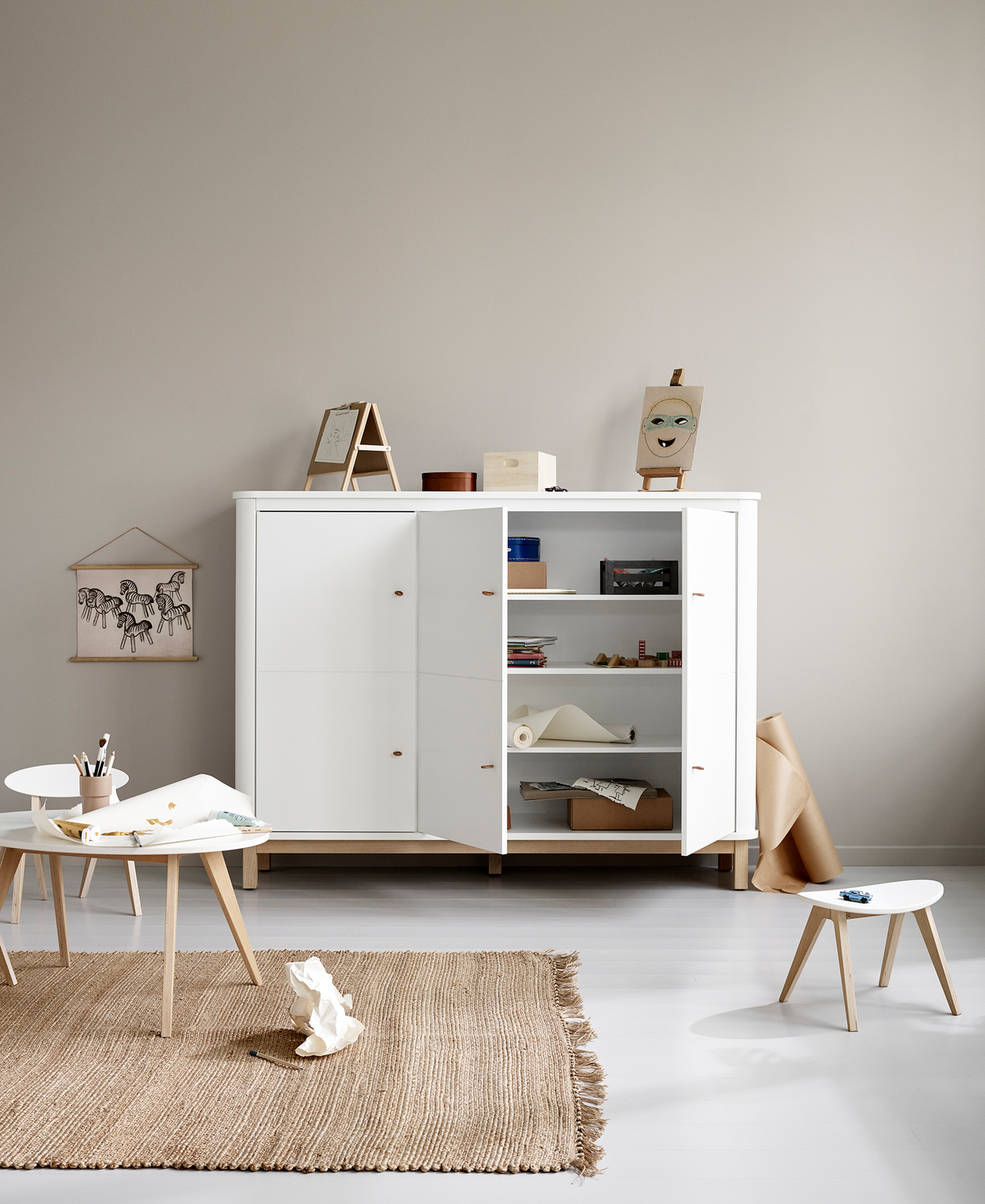 Armoire multiple en bois 3 portes, blanc/chêne