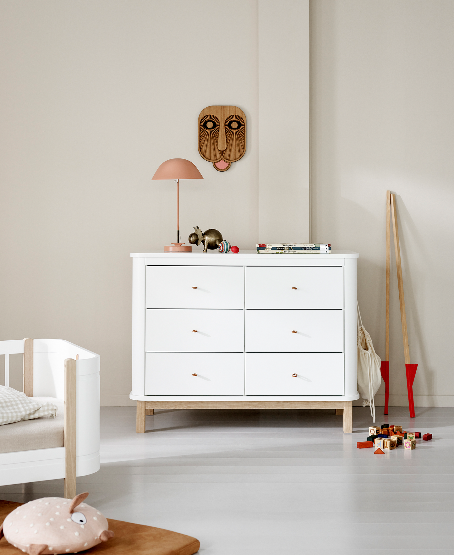 Commode en bois 6 tiroirs, blanc/chêne