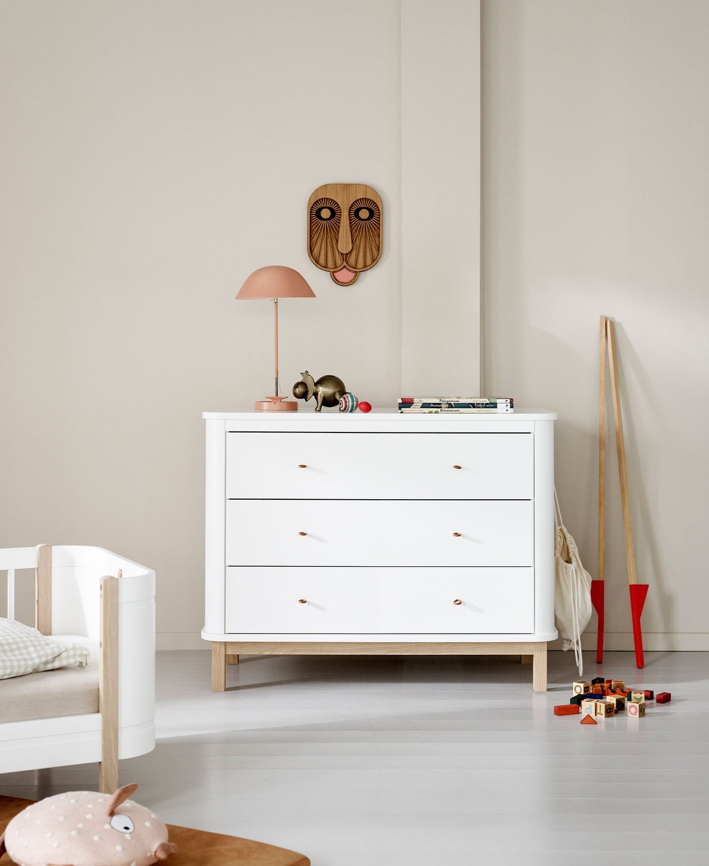 Commode en bois 3 tiroirs, blanc/chêne
