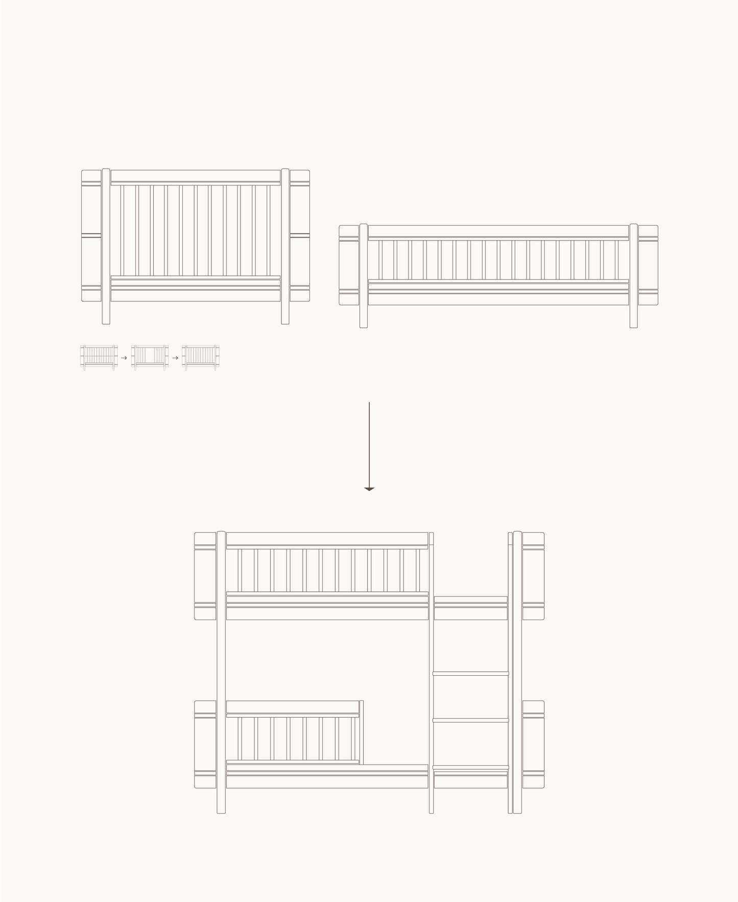 Lit bébé Mini+ et lit junior Mini+ en lit superposé bas, blanc