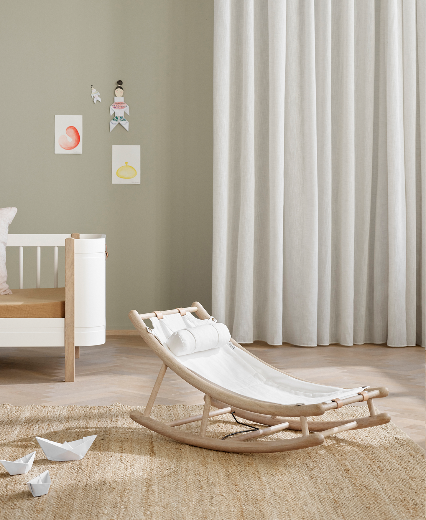 Chaise à bascule en bois pour tout-petits, chêne/blanc