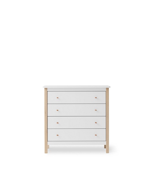 Commode en bois 4 tiroirs, blanc/chêne